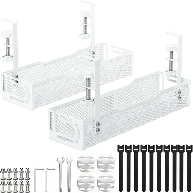 Ucanng 2Pack Under Desk Cable Management Tray, No Drill Mesh Desk Cable Tray, Wire Management Tray Cable Management Rack, Wire Organizer and Cable Management Box (White) - Image 1